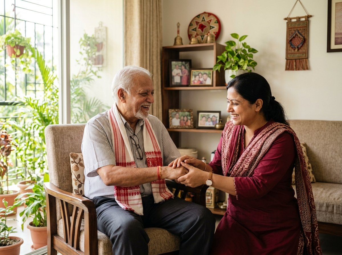 Xohai caregiver spending time with an elderly client at home in Guwahati